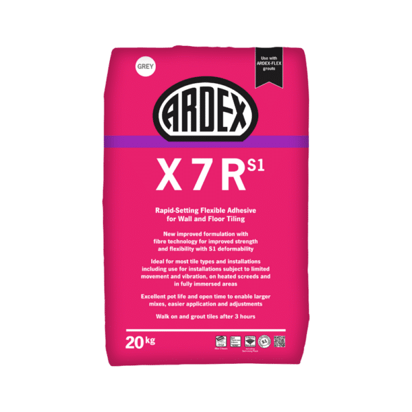 ARDEX X 7 R S1 is a rapid setting flexible tile adhesive that allows tiles to be grouted and trafficked just 3 hours after fixing.